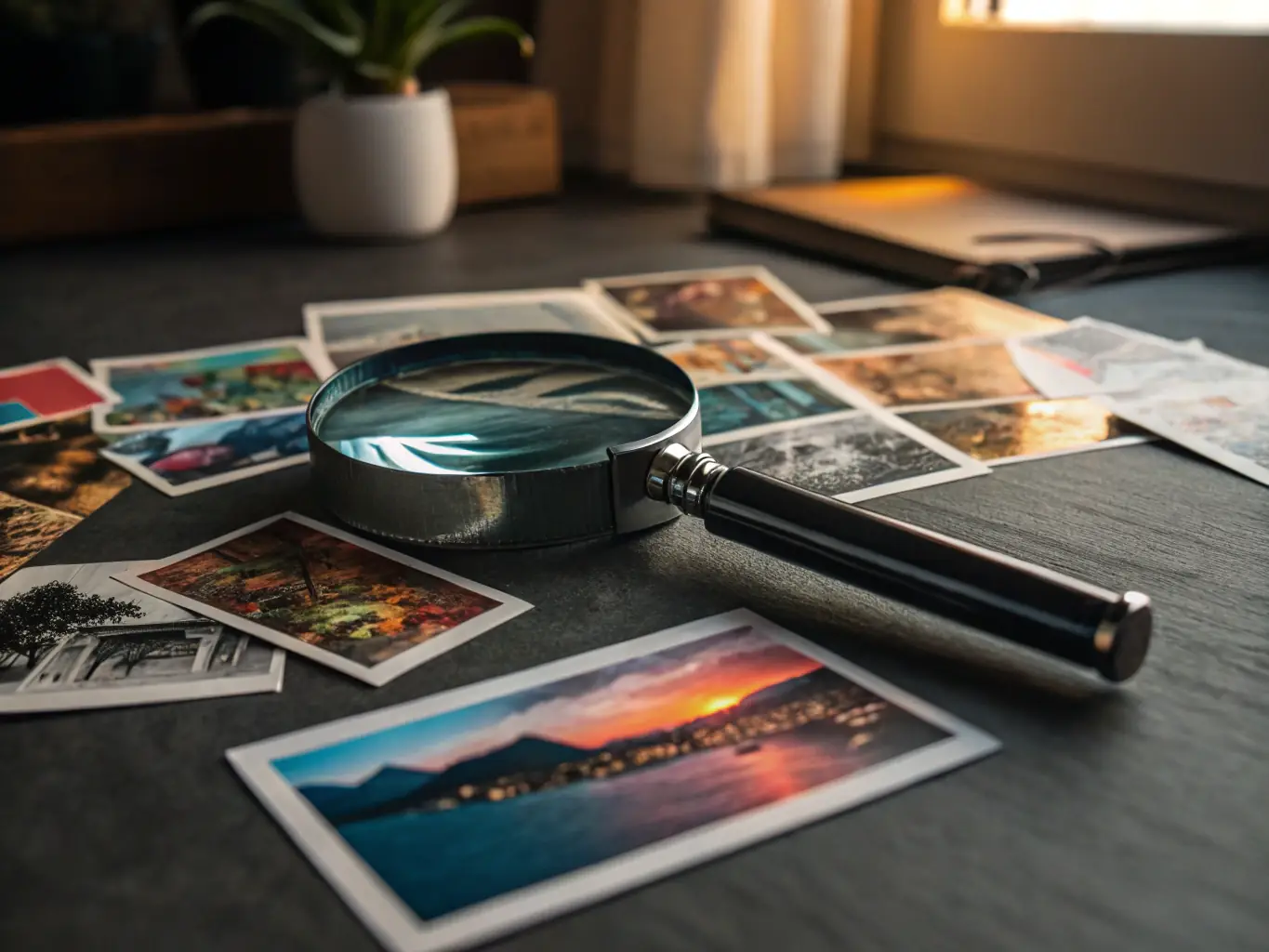 A magnifying glass hovering over a collection of photos, representing the powerful search capabilities of Tag That Photo.